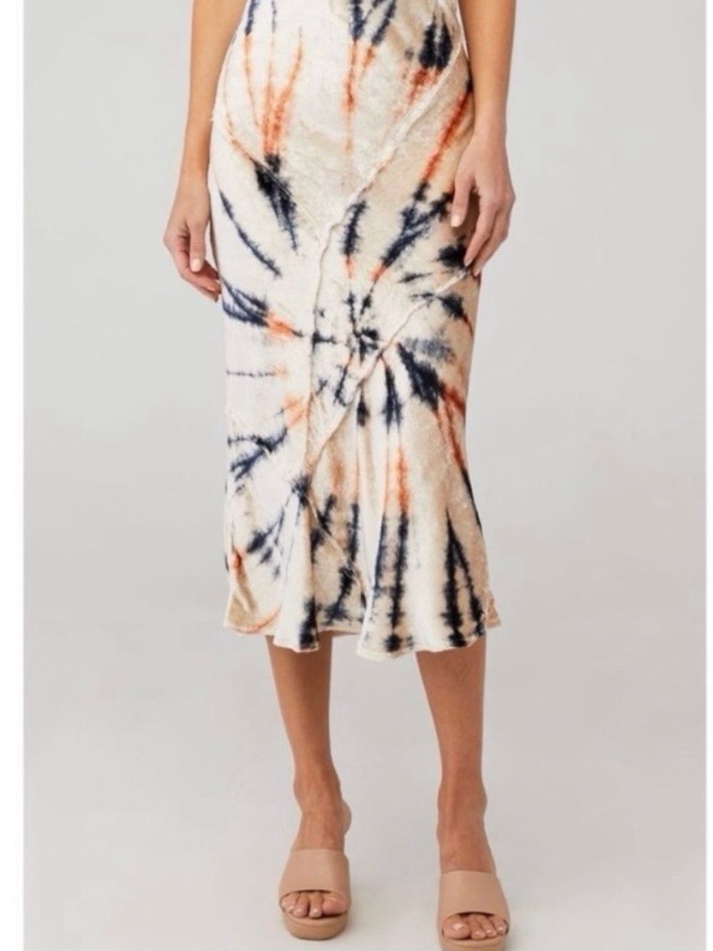 Free People Cream Tie-Dye Midi Skirt with Navy & Orange Accents